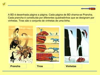 A BD é desenhada página a página. Cada página de BD chama-se Prancha. Cada prancha é constituída por diferentes quadradinhos que se designam por vinhetas. Tiras são o conjunto de vinhetas de uma linha. Prancha Tiras Vinhetas 