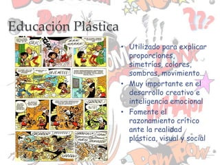 • Utilizado para explicar
proporciones,
simetrías, colores,
sombras, movimiento…
• Muy importante en el
desarrollo creativo e
inteligencia emocional
• Fomente el
razonamiento crítico
ante la realidad
plástica, visual y social
Educación Plástica
 