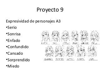 Proyecto 9
Expresividad de personajes A3
•Serio
•Sonrisa
•Enfado
•Confundido
•Cansado
•Sorprendido
•Miedo
 