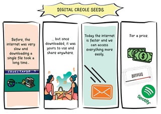 ... but once
downloaded, it was
yours to use and
share anywhere.
Today the internet
is faster and we
can access
everything more
easily.
For a price.
Before, the
internet was very
slow and
downloading a
single file took a
long time…
DIGITAL CREOLE SEEDS
 