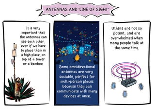 It is very
important that
the antennas can
see each other,
even if we have
to place them in
a high place, on
top of a tower
or a bamboo.
Some omnidirectional
antennas are very
sociable, perfect for
multi-person places
because they can
communicate with many
devices at once.
Others are not so
potent, and are
overwhelmed when
many people talk at
the same time.
ANTENNAS AND 'LINE OF SIGHT'
 