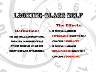 Looking-Glass Self
Definition:
The self-image an individual
forms by imagining what
others think of his or her
behaviour and appearance.
The Effects:
1. If the evaluation is
favourable hence the self
concept is enhanced
2. If the evaluation is
unfavourable Hence self
concept is diminished
 
