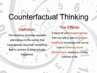 Counterfactual Thinking
Definition:
The tendency to create possible
alternatives to life events that
have already occurred; something
that is contrary to what actually
happened.
The Effects:
It starts off with disappointment,
then one will be able to uncover
insights or knowledge that can be
used to enhance future
performance, leading to a better
outcome in life.
 