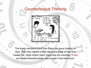Counterfactual Thinking
The family members found that Grace had gone missing for
days. Then they started to feel regret and guilty of how they
treated her. Deep in their heart, there was this sounding ‘If only
we treated Grandma better, she wouldn’t have left home’.
 