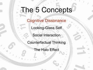 The 5 Concepts
Cognitive Dissonance
Social Interaction
Looking-Glass Self
Counterfactual Thinking
The Halo Effect
 