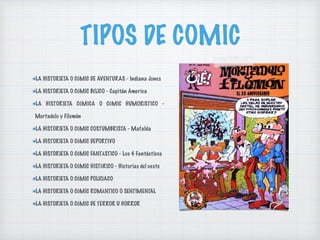 TIPOS DE COMIC
LA HISTORIETA O CÓMIC DE AVENTURAS - Indiana Jones
LA HISTORIETA O CÓMIC BÉLICO - Capitán America
LA HISTORIETA CÓMICA O CÓMIC HUMORÍSTICO -
Mortadelo y Filemón
LA HISTORIETA O CÓMIC COSTUMBRISTA - Mafalda
LA HISTORIETA O CÓMIC DEPORTIVO
LA HISTORIETA O CÓMIC FANTÁSTICO - Los 4 Fantásticos
LA HISTORIETA O CÓMIC HISTÓRICO - Historias del oeste
LA HISTORIETA O CÓMIC POLICÍACO
LA HISTORIETA O CÓMIC ROMÁNTICO O SENTIMENTAL
LA HISTORIETA O CÓMIC DE TERROR U HORROR
 