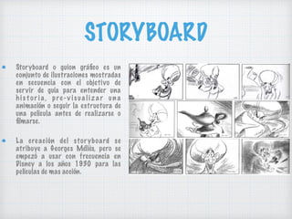 STORYBOARD
Storyboard o guion gráﬁco es un
conjunto de ilustraciones mostradas
en secuencia con el objetivo de
servir de guía para entender una
his t o r i a, pre-v is ua li z a r u n a
animación o seguir la estructura de
una película antes de realizarse o
ﬁlmarse.
La creación del storyboard se
atribuye a Georges Méliès, pero se
empezó a usar con frecuencia en
Disney a los años 1930 para las
películas de mas acción.
 