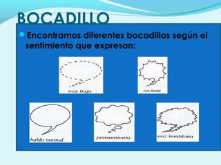 BOCADILLO
Encontramos diferentes bocadillos según el
sentimiento que expresan:
 