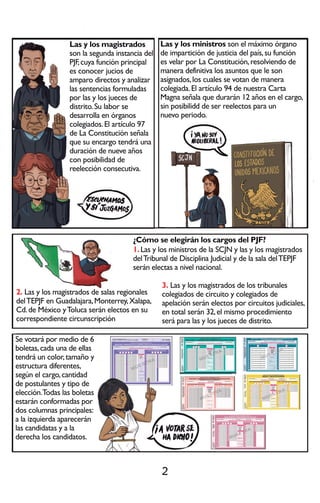 2
L
a
s
y
l
o
s
ma
g
i
s
t
r
a
d
o
s
s
o
n
l
a
s
e
g
u
n
d
a
i
n
s
t
a
n
c
i
a
d
e
l
P
J
F
,
c
u
y
a
f
u
n
c
i
ó
n
p
r
i
n
c
i
p
a
l
e
s
c
o
n
o
c
e
r
j
u
c
i
o
s
d
e
a
m
p
a
r
o
d
i
r
e
c
t
o
s
y
a
n
a
l
i
z
a
r
l
a
s
s
e
n
t
e
n
c
i
a
s
f
o
r
m
u
l
a
d
a
s
p
o
r
l
a
s
y
l
o
s
j
u
e
c
e
s
d
e
d
i
s
t
r
i
t
o
.
S
u
l
a
b
o
r
s
e
d
e
s
a
r
r
o
l
l
a
e
n
ó
r
g
a
n
o
s
c
o
l
e
g
i
a
d
o
s
.
E
l
a
r
t
í
c
u
l
o
9
7
d
e
L
a
C
o
n
s
t
i
t
u
c
i
ó
n
s
e
ñ
a
l
a
d
e
L
a
C
o
n
s
t
i
t
u
c
i
ó
n
s
e
ñ
a
l
a
q
u
e
s
u
e
n
c
a
r
g
o
t
e
n
d
r
á
u
n
a
d
u
r
a
c
i
ó
n
d
e
n
u
e
v
e
a
ñ
o
s
c
o
n
p
o
s
i
b
i
l
i
d
a
d
d
e
r
e
e
l
e
c
c
i
ó
n
c
o
n
s
e
c
u
t
i
v
a
.
L
a
s
y
l
o
s
mi
n
i
s
t
r
o
s
s
o
n
e
l
m
á
x
i
m
o
ó
r
g
a
n
o
d
e
i
m
p
a
r
t
i
c
i
ó
n
d
e
j
u
s
t
i
c
i
a
d
e
l
p
a
í
s
,
s
u
f
u
n
c
i
ó
n
e
s
v
e
l
a
r
p
o
r
L
a
C
o
n
s
t
i
t
u
c
i
ó
n
,
r
e
s
o
l
v
i
e
n
d
o
d
e
m
a
n
e
r
a
d
e
f
i
n
i
t
i
v
a
l
o
s
a
s
u
n
t
o
s
q
u
e
l
e
s
o
n
a
s
i
g
n
a
d
o
s
,
l
o
s
c
u
a
l
e
s
s
e
v
o
t
a
n
d
e
m
a
n
e
r
a
c
o
l
e
g
i
a
d
a
.
E
l
a
r
t
í
c
u
l
o
9
4
d
e
n
u
e
s
t
r
a
C
a
r
t
a
M
a
g
n
a
s
e
ñ
a
l
a
q
u
e
d
u
r
a
r
á
n
1
2
a
ñ
o
s
e
n
e
l
c
a
r
g
o
,
M
a
g
n
a
s
e
ñ
a
l
a
q
u
e
d
u
r
a
r
á
n
1
2
a
ñ
o
s
e
n
e
l
c
a
r
g
o
,
s
i
n
p
o
s
i
b
i
l
i
d
d
d
e
s
e
r
r
e
e
l
e
c
t
o
s
p
a
r
a
u
n
n
u
e
v
o
p
e
r
i
o
d
o
.
¿
C
ó
mos
e
e
l
e
g
i
r
á
nl
o
s
c
a
r
g
o
s
d
e
l
P
J
F
?
1
.
L
a
s
y
l
o
s
m
i
n
i
s
t
r
o
s
d
e
l
a
S
C
J
Ny
l
a
s
y
l
o
s
m
a
g
i
s
t
r
a
d
o
s
d
e
l
T
r
i
b
u
n
a
l
d
e
D
i
s
c
i
p
l
i
n
a
J
u
d
i
c
i
a
l
y
d
e
l
a
s
a
l
a
d
e
l
T
E
P
J
F
s
e
r
á
n
e
l
e
c
t
a
s
a
n
i
v
e
l
n
a
c
i
o
n
a
l
.
3
.
L
a
s
y
l
o
s
m
a
g
i
s
t
r
a
d
o
s
d
e
l
o
s
t
r
i
b
u
n
a
l
e
s
c
o
l
e
g
i
a
d
o
s
d
e
c
i
r
c
u
i
t
o
y
c
o
l
e
g
i
a
d
o
s
d
e
a
p
e
l
a
c
i
ó
n
s
e
r
á
n
e
l
e
c
t
o
s
p
o
r
c
i
r
c
u
i
t
o
s
j
u
d
i
c
i
a
l
e
s
,
e
n
t
o
t
a
l
s
e
r
á
n
3
2
,
e
l
m
i
s
m
o
p
r
o
c
e
d
i
m
i
e
n
t
o
s
e
r
á
p
a
r
a
l
a
s
y
l
o
s
j
u
e
c
e
s
d
e
d
i
s
t
r
i
t
o
.
2
.
L
a
s
y
l
o
s
m
a
g
i
s
t
r
a
d
o
s
d
e
s
a
l
a
s
r
e
g
i
o
n
a
l
e
s
d
e
l
T
E
P
J
F
e
n
G
u
a
d
a
l
a
j
a
r
a
,
M
o
n
t
e
r
r
e
y
,
X
a
l
a
p
a
,
C
d
.
d
e
M
é
x
i
c
o
y
T
o
l
u
c
a
s
e
r
á
n
e
l
e
c
t
o
s
e
n
s
u
c
o
r
r
e
s
p
o
n
d
i
e
n
t
e
c
i
r
c
u
n
s
c
r
i
p
c
i
ó
n
S
e
v
o
t
a
r
á
p
o
r
m
e
d
i
o
d
e
6
b
o
l
e
t
a
s
,
c
a
d
a
u
n
a
d
e
e
l
l
a
s
t
e
n
d
r
á
u
n
c
o
l
o
r
,
t
a
m
a
ñ
o
y
e
s
t
r
u
c
t
u
r
a
d
i
f
e
r
e
n
t
e
s
,
s
e
g
ú
n
e
l
c
a
r
g
o
,
c
a
n
t
i
d
a
d
d
e
p
o
s
t
u
l
a
n
t
e
s
y
t
i
p
o
d
e
e
l
e
c
c
i
ó
n
.
T
o
d
a
s
l
a
s
b
o
l
e
t
a
s
e
s
t
a
r
á
n
c
o
n
f
o
r
m
a
d
a
s
p
o
r
d
o
s
c
o
l
u
m
n
a
s
p
r
i
n
c
i
p
a
l
e
s
:
a
l
a
i
z
q
u
i
e
r
d
a
a
p
a
r
e
c
e
r
á
n
l
a
s
c
a
n
d
i
d
a
t
a
s
y
a
l
a
d
e
r
e
c
h
a
l
o
s
c
a
n
d
i
d
a
t
o
s
.
 