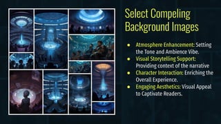 Select Compeling
Background Images
● Atmosphere Enhancement: Setting
the Tone and Ambience Vibe.
● Visual Storytelling Support:
Providing context of the narrative
● Character Interaction: Enriching the
Overall Experience.
● Engaging Aesthetics: Visual Appeal
to Captivate Readers.
 