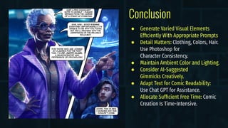 Conclusion
● Generate Varied Visual Elements
Efﬁciently With Appropriate Prompts
● Detail Matters: Clothing, Colors, Hair.
Use Photoshop for
Character Consistency.
● Maintain Ambient Color and Lighting.
● Consider AI-Suggested
Gimmicks Creatively.
● Adapt Text for Comic Readability:
Use Chat GPT for Assistance.
● Allocate Sufﬁcient Free Time: Comic
Creation Is Time-Intensive.
 
