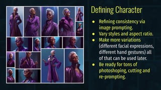 Deﬁning Character
● Reﬁning consistency via
image prompting.
● Vary styles and aspect ratio.
● Make more variations
(different facial expressions,
different hand gestures) all
of that can be used later.
● Be ready for tons of
photoshoping, cutting and
re-prompting.
 