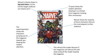Marvel is clearly shown in
big bold letters. So the
correct target audience
can clearly see it
Marvel shows the majority
of there characters that are
the most popular to their
audienceThe
superimposition
shows the
characters
jumping out of
the magazine
towards you
drawing the
readers
attention.
75 years draws the
readers attention
showing it is a limited
time magazine marking
their anniversary
This attracts the reader because if
the magazines are laid out this will
show and pull the reader towards
the magazine
 