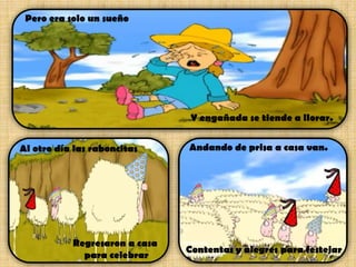 Pero era solo un sueño

Y engañada se tiende a llorar.
Al otro día las raboncitas

Regresaron a casa
para celebrar

Andando de prisa a casa van.

Contentas y alegres para festejar

 