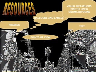VISUAL METAPHORS
                                     KINETIC LINES
                                   ONOMATOPOEIAS

            BALLOONS AND LABELS

FRAMING                                   TEXT




          POINTS OF VIEW
 