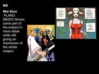 MS
Mid Shot
 PLANO
MEDIO Shows
some part of
the subject in
more detail
while still
giving an
impression of
the whole
subject.
 