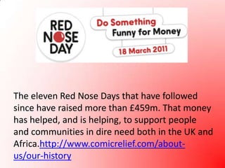 The eleven Red Nose Days that have followed since have raised more than £459m. That money has helped, and is helping, to support people and communities in dire need both in the UK and Africa.http://www.comicrelief.com/about-us/our-history