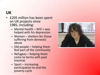 UK£205 million has been spent on UK projects since 1985, including:Mental health – Will > was helped with his depressionWomen – shelters for those suffering from domestic abuseOld people – helping them feel part of the communityRefugees – helping them come to terms with past traumasSport – increasing participation to end the poverty cycle