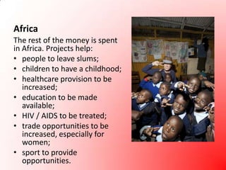 AfricaThe rest of the money is spent in Africa. Projects help:people to leave slums;children to have a childhood;healthcare provision to be increased;education to be made available;HIV / AIDS to be treated;trade opportunities to be increased, especially for women;sport to provide opportunities.