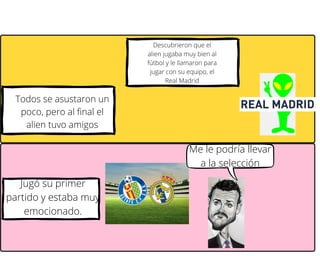 Todos se asustaron un
poco, pero al final el
alien tuvo amigos
Descubrieron que el
alien jugaba muy bien al
fútbol y le llamaron para
jugar con su equipo, el
Real Madrid
Jugó su primer
partido y estaba muy
emocionado.
Me le podría llevar
a la selección
 