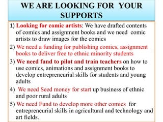 WE ARE LOOKING FOR YOUR
SUPPORTS
1) Looking for comic artists: We have drafted contents
of comics and assignment books and we need comic
artists to draw images for the comics
2) We need a funding for publishing comics, assignment
books to deliver free to ethnic minority students
3) We need fund to pilot and train teachers on how to
use comics, animations and assignment books to
develop entrepreneurial skills for students and young
adults
4) We need Seed money for start up business of ethnic
and poor rural adults
5) We need Fund to develop more other comics for
entrepreneurial skills in agricultural and technology and
art fields.
 