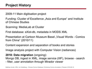 Project History
2009-11 Main digitisation project
Funding: Cluster of Excellence ?Asia and Europe and Institute
of Chinese Studies
Scanning: MediaLab at Cluster
First database: eXist-db, metadata in MODS XML
Presentation at Cartoon Museum Basel ?Visual Words - Comics
from China (2010/11)
Content expansion and separation of books and stories
Image analysis project with Computer Vision (radiances)
2018: Data migration (ongoing):
Mongo DB, ingest in XML, image service (IIIF), browse - search
- filter, user annotation through Mirador viewer
Matthias Arnold, HRA, Uni Heidelberg - Chinese Comics Database | Workshop Comics Annotation | Potsdam 2018-06-19
 