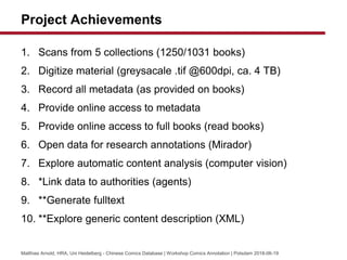 Project Achievements
1. Scans from 5 collections (1250/1031 books)
2. Digitize material (greysacale .tif @600dpi, ca. 4 TB)
3. Record all metadata (as provided on books)
4. Provide online access to metadata
5. Provide online access to full books (read books)
6. Open data for research annotations (Mirador)
7. Explore automatic content analysis (computer vision)
8. *Link data to authorities (agents)
9. **Generate fulltext
10. **Explore generic content description (XML)
Matthias Arnold, HRA, Uni Heidelberg - Chinese Comics Database | Workshop Comics Annotation | Potsdam 2018-06-19
 