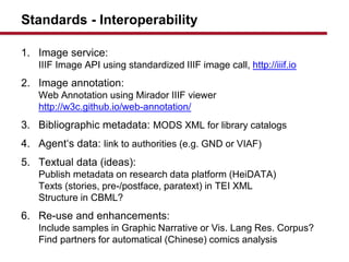 Standards - Interoperability
1. Image service:
IIIF Image API using standardized IIIF image call, http://iiif.io
2. Image annotation:
Web Annotation using Mirador IIIF viewer
http://w3c.github.io/web-annotation/
3. Bibliographic metadata: MODS XML for library catalogs
4. Agents data: link to authorities (e.g. GND or VIAF)
5. Textual data (ideas):
Publish metadata on research data platform (HeiDATA)
Texts (stories, pre-/postface, paratext) in TEI XML
Structure in CBML?
6. Re-use and enhancements:
Include samples in Graphic Narrative or Vis. Lang Res. Corpus?
Find partners for automatical (Chinese) comics analysis
 
