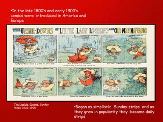 Began as simplistic  Sunday strips  and as they grew in popularity they  became daily strips In the late 1800’s and early 1900’s comics were  introduced in America and Europe The Upside -Downs.  Sunday Press. 1903-1905 