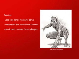Penciler: -uses only pencil to create comic -responsible for overall look to comic -pencil used to make future changes Sketch of Spiderman 