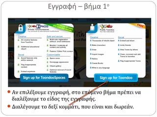 Εγγραφή – βήμα 1ο
Αν επιλέξουμε εγγραφή, στο επόμενο βήμα πρέπει να
διαλέξουμε το είδος της εγγραφής.
Διαλέγουμε το δεξί κομμάτι, που είναι και δωρεάν.
 