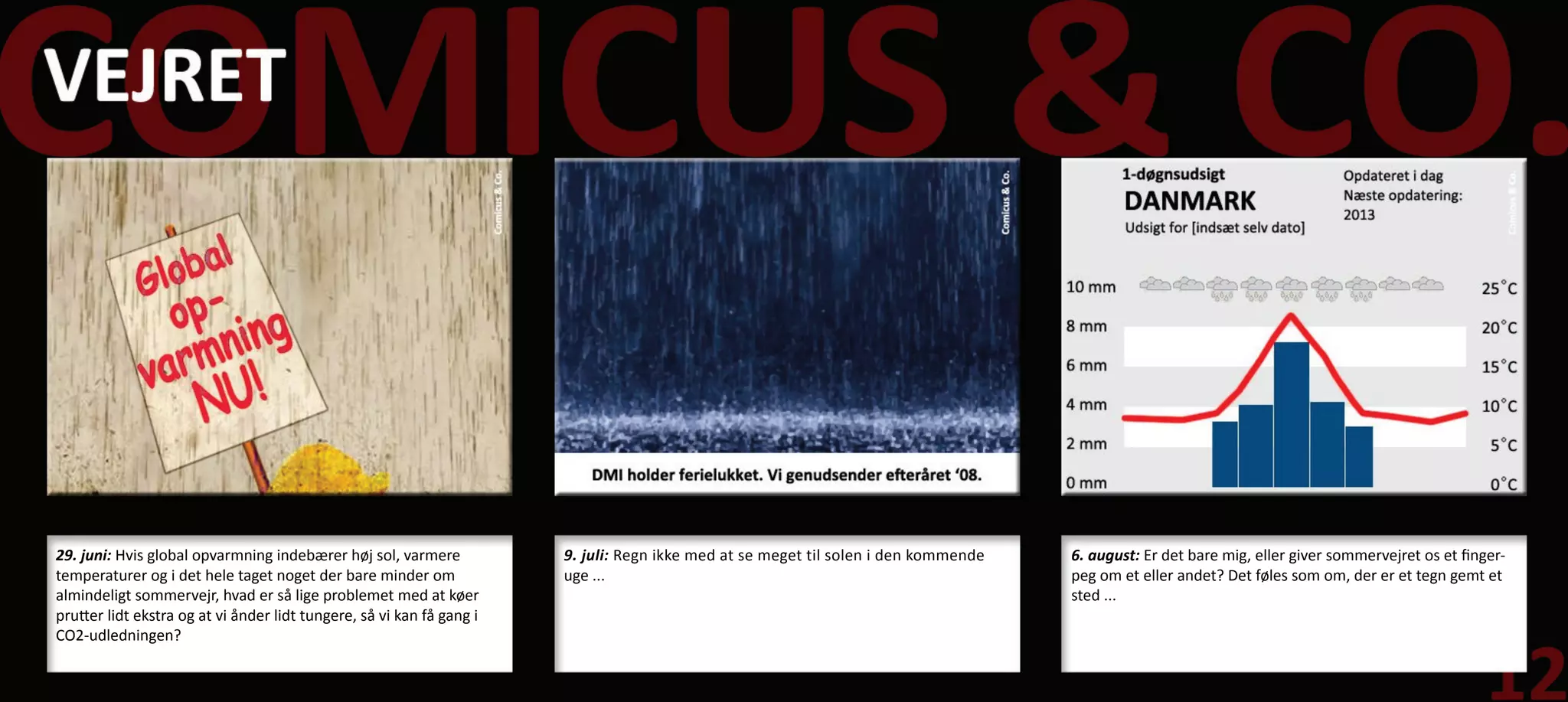 29. juni: Hvis global opvarmning indebærer høj sol, varmere            9. juli: Regn ikke med at se meget til solen i den kommende   6. august: Er det bare mig, eller giver sommervejret os et finger-
temperaturer og i det hele taget noget der bare minder om              uge ...                                                       peg om et eller andet? Det føles som om, der er et tegn gemt et
almindeligt sommervejr, hvad er så lige problemet med at køer                                                                        sted ...
prutter lidt ekstra og at vi ånder lidt tungere, så vi kan få gang i
CO2-udledningen?
 
