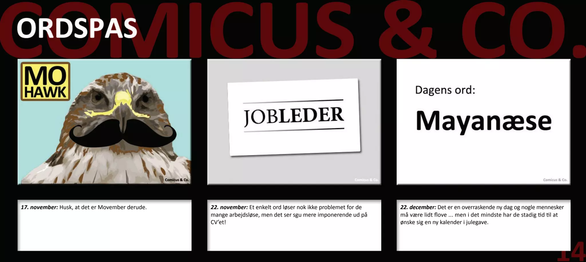 17. november: Husk, at det er Movember derude.   22. november: Et enkelt ord løser nok ikke problemet for de   22. december: Det er en overraskende ny dag og nogle mennesker
                                                 mange arbejdsløse, men det ser sgu mere imponerende ud på     må være lidt flove ... men i det mindste har de stadig tid til at
                                                 CV’et!                                                        ønske sig en ny kalender i julegave.
 
