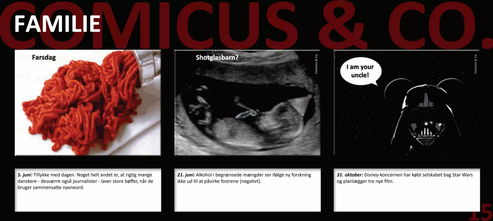 5. juni: Tillykke med dagen. Noget helt andet er, at rigtig mange    21. juni: Alkohol i begrænsede mængder ser ifølge ny forskning   31. oktober: Disney-koncernen har købt selskabet bag Star Wars
danskere - desværre også journalister - laver store bøffer, når de   ikke ud til at påvirke fostrene (negativt).                      og planlægger tre nye film.
bruger sammensatte navneord.
 