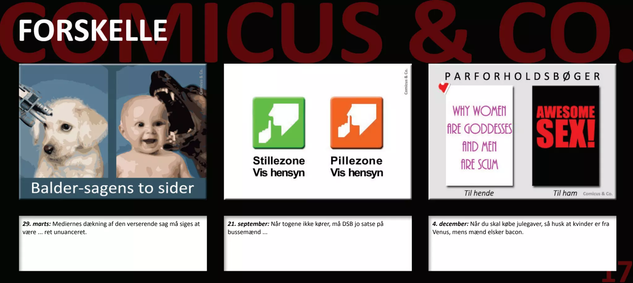 29. marts: Mediernes dækning af den verserende sag må siges at   21. september: Når togene ikke kører, må DSB jo satse på   4. december: Når du skal købe julegaver, så husk at kvinder er fra
være ... ret unuanceret.                                         bussemænd ...                                              Venus, mens mænd elsker bacon.
 