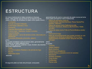 Un menú tradicional en Italia consiste en diversas            generalmente de carne o pescado (la pasta nunca se toma
fases, cabe pensar que la Pizza en la mayoría de los          como plato principal en menú tradicional).
casos, en Italia, se considera un plato único (piatto único). • Platos de pescados (como la
• L'antipasto                                                     Orata/Dorada, Gamberi/Gambas, Pesce Spada/Pez
• Artículo principal: Antipasto.                                  espada, Calamari)
• Entremeses calientes o fríos:                               • Platos de carnes (como Saltimbocca alla
• Carpaccio.                                                      Romana, Ossobuco, Bistecca alla fiorentina, Vitello
                                                                  tonnato)
• Caprese (Mozzarella con Tomate).                            • Platos de setas (como Fritto di Porcini/Boletus edulis)
• Frutti di mare - Mariscos, crudos o cocidos.                contorno
• Arancini (Sicilia).                                         • Fettuccine al ragù.
• Vitello tonnato - carne de ternera cocida, decorada con • Plato de acompañamiento que puede consistir en una
    alcaparras.                                                   ensalada o en verduras preparadas. En un menú
• Embutidos (Bresaola, prosciutto, salami).                       tradicional las ensaladas entran después del plato
primo                                                             principal.
Se puede considerar como el primer plato, generalmente dolce
consiste en un plato caliente como                            El postre.
pasta, risotto, gnocchi, polenta o sopa. Existen abundantes • Tiramisú
opciones vegetarianas.
• Pasta.                                                      • Gelato (helado)
• Gnocchi di patate (Patatas) o de sémola de trigo.           • Budín (budino)
• Risotto.                                                    • Zabaione (o zabaglione)
• Diferentes sopas                                            • Dulces (dolce) y pasteles (como la cassata)
 secondo                                                      • Macedonia
                                                              • Sorbete (sorbetto)
                                                              • Fruta (frutta)
                                                              • Profiteroles
El segundo plato se trata del principal, compuesto            • Panna cotta
 