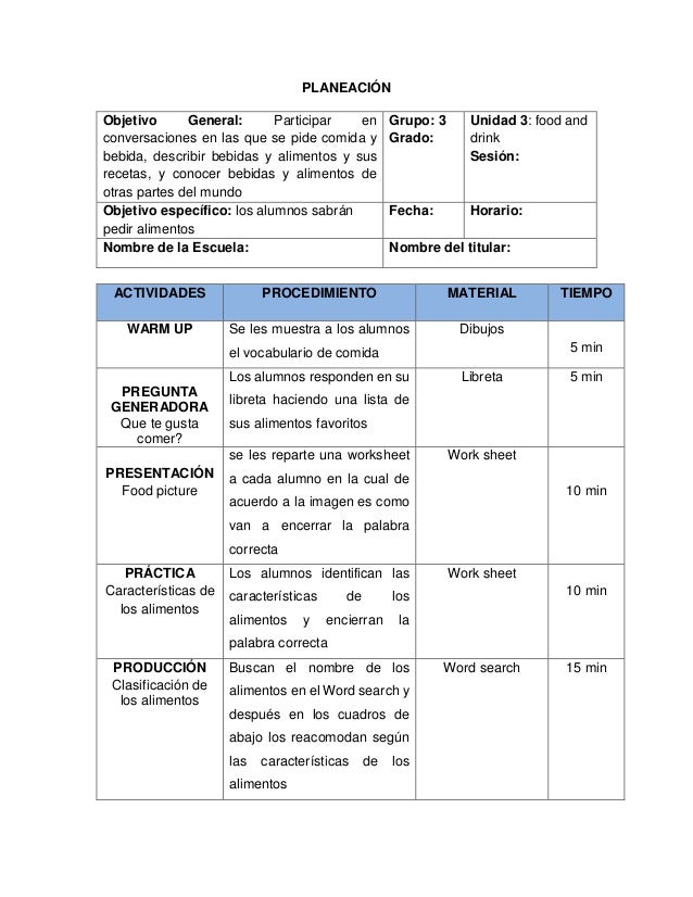 lesson plan food