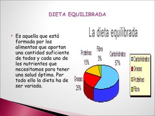 Es aquella que está formada por los alimentos que aportan una cantidad suficiente de todos y cada uno de los nutrientes que necesitamos para tener una salud óptima. Por todo ello la dieta ha de ser variada.  