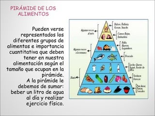 Pueden verse representados los diferentes grupos de alimentos e importancia cuantitativa que deben tener en nuestra alimentación según el tamaño que ocupan en la pirámide. A la pirámide le debemos de sumar: beber un litro de agua al día y realizar ejercicio físico. 