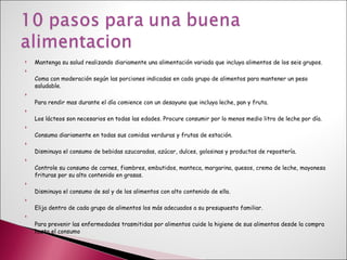 Mantenga su salud realizando diariamente una alimentación variada que incluya alimentos de los seis grupos. Coma con moderación según las porciones indicadas en cada grupo de alimentos para mantener un peso saludable. Para rendir mas durante el día comience con un desayuno que incluya leche, pan y fruta. Los lácteos son necesarios en todas las edades. Procure consumir por lo menos medio litro de leche por día. Consuma diariamente en todas sus comidas verduras y frutas de estación. Disminuya el consumo de bebidas azucaradas, azúcar, dulces, golosinas y productos de repostería. Controle su consumo de carnes, fiambres, embutidos, manteca, margarina, quesos, crema de leche, mayonesa frituras por su alto contenido en grasas. Disminuya el consumo de sal y de los alimentos con alto contenido de ella. Elija dentro de cada grupo de alimentos los más adecuados a su presupuesto familiar. Para prevenir las enfermedades trasmitidas por alimentos cuide la higiene de sus alimentos desde la compra hasta el consumo 