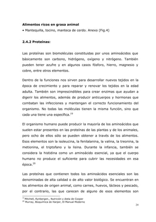 24
Alimentos ricos en grasa animal
• Mantequilla, tocino, manteca de cerdo. Anexo (Fig.4)
2.4.2 Proteínas:
Las proteínas son biomoléculas constituidas por unos aminoácidos que
básicamente son carbono, hidrógeno, oxígeno y nitrógeno. También
pueden tener azufre y en algunos casos fósforo, hierro, magnesio y
cobre, entre otros elementos.
Dentro de la funciones nos sirven para desarrollar nuevos tejidos en la
época de crecimiento y para reparar y renovar los tejidos en la edad
adulta. También son imprescindibles para crear enzimas que ayudan a
digerir los alimentos, además de producir anticuerpos y hormonas que
combatan las infecciones y mantengan el correcto funcionamiento del
organismo. No todas las moléculas tienen la misma función, sino que
cada una tiene una específica.19
El organismo humano puede producir la mayoría de los aminoácidos que
suelen estar presentes en las proteínas de las plantas y de los animales,
pero ocho de ellos sólo se pueden obtener a través de los alimentos.
Esos elementos son la isoleucina, la fenilalanina, la valina, la treonina, la
metionina, el triptofano y la lisina. Durante la infancia, también se
considera la histidina como un aminoácido esencial, ya que el cuerpo
humano no produce el suficiente para cubrir las necesidades en esa
época.20
Las proteínas que contienen todos los aminoácidos esenciales son las
denominadas de alta calidad o de alto valor biológico. Se encuentran en
los alimentos de origen animal, como carnes, huevos, lácteos y pescado,
por el contrario, las que carecen de alguno de esos elementos son
19
Mitchell, Rynbergen., Nutrición y dieta de Cooper
20
Murray, Bioquímica de Harper, El Manual Moderno
 