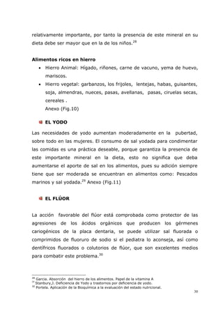 30
relativamente importante, por tanto la presencia de este mineral en su
dieta debe ser mayor que en la de los niños.28
Alimentos ricos en hierro
• Hierro Animal: Hígado, riñones, carne de vacuno, yema de huevo,
mariscos.
• Hierro vegetal: garbanzos, los frijoles, lentejas, habas, guisantes,
soja, almendras, nueces, pasas, avellanas, pasas, ciruelas secas,
cereales .
Anexo (Fig.10)
EL YODO
Las necesidades de yodo aumentan moderadamente en la pubertad,
sobre todo en las mujeres. El consumo de sal yodada para condimentar
las comidas es una práctica deseable, porque garantiza la presencia de
este importante mineral en la dieta, esto no significa que deba
aumentarse el aporte de sal en los alimentos, pues su adición siempre
tiene que ser moderada se encuentran en alimentos como: Pescados
marinos y sal yodada.29
Anexo (Fig.11)
EL FLÚOR
La acción favorable del flúor está comprobada como protector de las
agresiones de los ácidos orgánicos que producen los gérmenes
cariogénicos de la placa dentaria, se puede utilizar sal fluorada o
comprimidos de fluoruro de sodio si el pediatra lo aconseja, así como
dentífricos fluorados o colutorios de flúor, que son excelentes medios
para combatir este problema.30
28
Garcia. Absorción del hierro de los alimentos. Papel de la vitamina A
29
Stanbury,J. Deficiencia de Yodo y trastornos por deficiencia de yodo.
30
Portela. Aplicación de la Bioquímica a la evaluación del estado nutricional.
 
