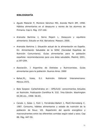 73
BIBLIOGRAFÍA
• Agudo Matarán P, Montore Sánchez MD, Aranda Marín AM. 1998.
Hábitos alimentarios en el desayuno y recreo de los alumnos de
Primaria. Cap 6. Pág. 157-160.
• Aranceta Bartrina J, Serra Majem L. Desayuno y equilibrio
alimentario: Estudio en Kid. Barcelona: Masson; 2000.
• Aranceta Bartrina J. Situación actual de la alimentación en España.
En: Alimentación Saludable de la SENC (Sociedad Española de
Nutrición Comunitaria). Guías alimentarías para la población
española: recomendaciones para una dieta saludable. Madrid; 2001.
p.197-204.
• Asociación. J Argentina de Dietistas y Nutricionistas. Guías
alimentarías para la población. Buenos Aires. 2000
• Behar,M,; Icasa, S.J. Nutrición. Editorial Interamericana.
México.1972.
• Bela Szepesi: Carbohidratos en : OPS/ILSI: conocimientos Actuales
en Nutrición. Publicación Científica N. 532. 7ma Edición. Washington
DC,EE.UU., 1998: 56-65.
• Canals J, Salas J, Font I, Fernández-Ballart J, Martí-Henneberg C.
1987. Consumo, hábitos alimentarios y estado de nutrición de la
población de Reus: VII. Repartición del aporte energético y
macronutrientes entre las diferentes comidas según edad y sexo. Cap
88. Pág. 447-50.
 