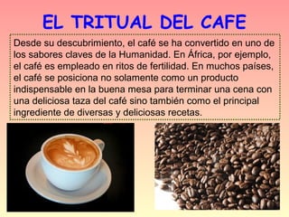 EL TRITUAL DEL CAFE
Desde su descubrimiento, el café se ha convertido en uno de
los sabores claves de la Humanidad. En África, por ejemplo,
el café es empleado en ritos de fertilidad. En muchos países,
el café se posiciona no solamente como un producto
indispensable en la buena mesa para terminar una cena con
una deliciosa taza del café sino también como el principal
ingrediente de diversas y deliciosas recetas.
 