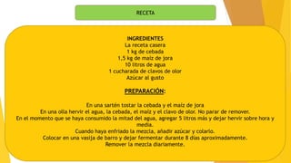 RECETA
INGREDIENTES
La receta casera
1 kg de cebada
1,5 kg de maíz de jora
10 litros de agua
1 cucharada de clavos de olor
Azúcar al gusto
PREPARACIÓN:
En una sartén tostar la cebada y el maíz de jora
En una olla hervir el agua, la cebada, el maíz y el clavo de olor. No parar de remover.
En el momento que se haya consumido la mitad del agua, agregar 5 litros más y dejar hervir sobre hora y
media.
Cuando haya enfriado la mezcla, añadir azúcar y colarlo.
Colocar en una vasija de barro y dejar fermentar durante 8 días aproximadamente.
Remover la mezcla diariamente.
 