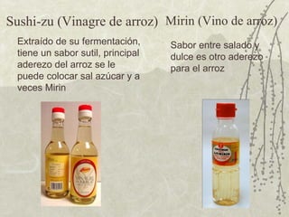 Mirin (Vino de arroz) Sushi-zu (Vinagre de arroz) Extraído de su fermentación, tiene un sabor sutil, principal aderezo del arroz se le puede colocar sal azúcar y a veces Mirin Sabor entre salado y dulce es otro aderezo para el arroz 