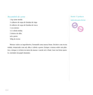 Rocambole de carne
1 kg carne moída
3 colheres de sopa de farinha de trigo
8 colheres de sopa de farinha de rosca
1 ovo inteiro
1/2 cebola média
2 dentes de alho
sal a gosto
300g de ricota
Misture todos os ingredientes, formando uma massa firme. Recheie com ricota
ralada, temperada com sal, alho e cebola a gosto. Estique a massa sobre um plás-
tico, coloque o recheio no meio da massa e enrole até o final. Asse em forno quen-
te, enrolado em papel alumínio.
110
Rende 15 pedaços
Indicada para dietas:
 