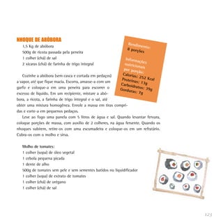 123
NHOQUE DE ABÓBORA
1,5 Kg de abóbora
500g de ricota passada pela peneira
1 colher (chá) de sal
2 xícaras (chá) de farinha de trigo integral
Cozinhe a abóbora (sem casca e cortada em pedaços)
a vapor, até que fique macia. Escorra, amasse-a com um
garfo e coloque-a em uma peneira para escorrer o
excesso de líquido. Em um recipiente, misture a abó-
bora, a ricota, a farinha de trigo integral e o sal, até
obter uma mistura homogênea. Enrole a massa em tiras compri-
das e corte-a em pequenos pedaços.
Leve ao fogo uma panela com 5 litros de água e sal. Quando levantar fervura,
coloque porções de massa, com auxílio de 2 colheres, na água fervente. Quando os
nhoques subirem, retire-os com uma escumadeira e coloque-os em um refratário.
Cubra-os com o molho e sirva.
Molho de tomates:
1 colher (sopa) de óleo vegetal
1 cebola pequena picada
1 dente de alho
500g de tomates sem pele e sem sementes batidos no liquidificador
1 colher (sopa) de extrato de tomates
1 colher (chá) de orégano
1 colher (chá) de sal
Rendimento:8 porções
Informaçõesnutricionaispor porção:Calorias: 252 KcalProteínas: 13gCarboidratos: 39gGorduras: 7g
 