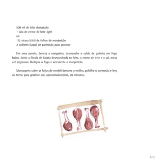 125
500 ml de leite desnatado
1 lata de creme de leite light
sal
1/2 xícara (chá) de folhas de manjericão
2 colheres (sopa) de parmesão para gratinar
Em uma panela, derreta a margarina, desmanche o caldo de galinha em fogo
baixo. Junte a fécula de batata desmanchada no leite, o creme de leite e o sal, mexa
até engrossar. Desligue o fogo e acrescente o manjericão.
Montagem: sobre as fatias de rondeli derrame o molho, polvilhe o parmesão e leve
ao forno para gratinar por, aproximadamente, 20 minutos.
 