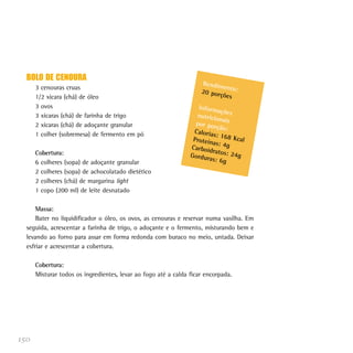 150
BOLO DE CENOURA
3 cenouras cruas
1/2 xícara (chá) de óleo
3 ovos
3 xícaras (chá) de farinha de trigo
2 xícaras (chá) de adoçante granular
1 colher (sobremesa) de fermento em pó
Cobertura:
6 colheres (sopa) de adoçante granular
2 colheres (sopa) de achocolatado dietético
2 colheres (chá) de margarina light
1 copo (200 ml) de leite desnatado
Massa:
Bater no liquidificador o óleo, os ovos, as cenouras e reservar numa vasilha. Em
seguida, acrescentar a farinha de trigo, o adoçante e o fermento, misturando bem e
levando ao forno para assar em forma redonda com buraco no meio, untada. Deixar
esfriar e acrescentar a cobertura.
Cobertura:
Misturar todos os ingredientes, levar ao fogo até a calda ficar encorpada.
Rendimento:20 porções
Informaçõesnutricionaispor porção:Calorias: 168 KcalProteínas: 4gCarboidratos: 24gGorduras: 6g
 